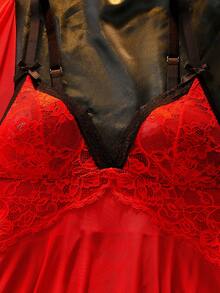 Seduluxe Conjunto de lencería de 4 piezas con camisola, bata y encaje clásico y sexy, en colores contrastantes y malla transparente, tallas grandes - Rojo - Ver 8