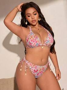 Swim Vcay Plus Size Vacation Floral Print 3D Shell Decor Halter Tie Bikini Two-Piece Swimsuit Set - Hot Pink - View 5