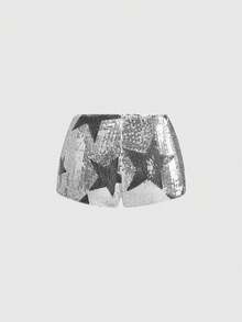 ROMWE Avant Women's Starry Sequin Decorated Ultra Low Waist Mini Shorts, Suitable For Music Festivals, Banquets, Concerts, Parties, Daily Wear And More Occasions - Silver - View 2