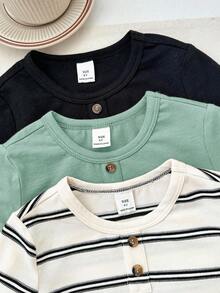 SHEIN LMoss Kids Kids Young Boy Knit Solid Color Striped Crew Neck Casual T-Shirt 3pcs Set - Multicolor - View 6