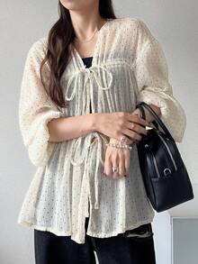 FRIFUL Women's Polka Dot Tie-Front Casual Versatile Daily Outing Shirt Summer Long Sleeve - Black - View 1