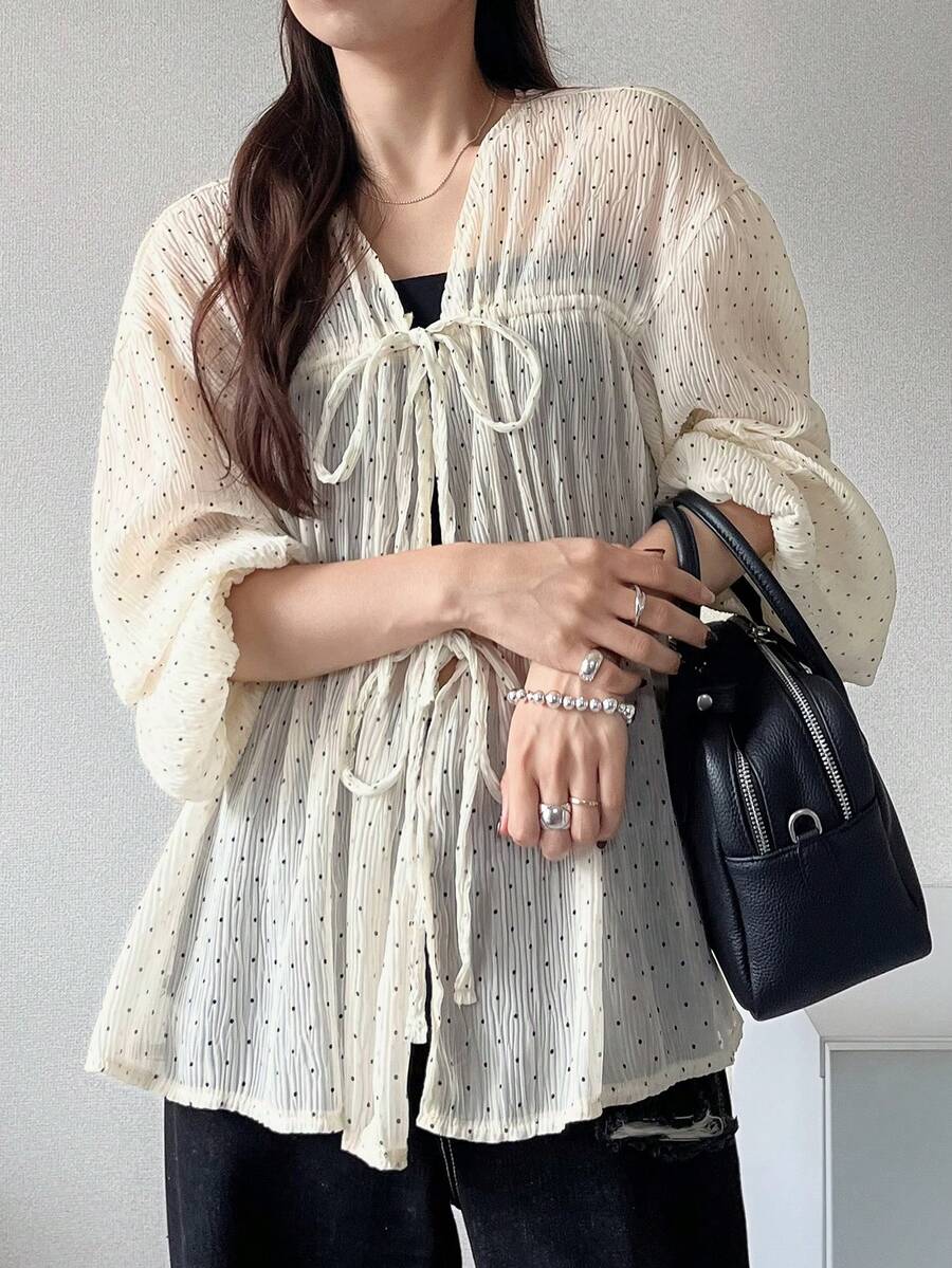 FRIFUL Women's Polka Dot Tie-Front Casual Versatile Daily Outing Shirt Summer Long Sleeve - Black - View 1
