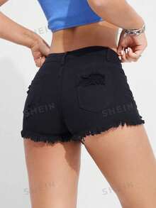 SHEIN ICON 大尺碼女款時尚百搭水洗磨損修身短褲 - 黑色 - 查看 2