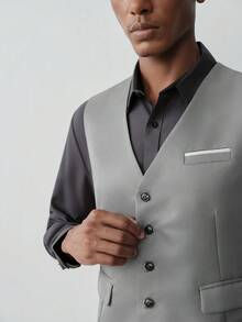 MENRIVO Men's Solid Color Single-Breasted Waistcoat And Pants Business Suit Set, Formal, Ceremony - Grey - View 3