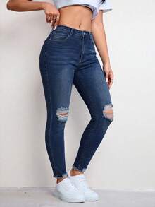SHEIN Unity Plus Size Women's Distressed Street Style Kawaii Casual Formal Skinny Leg Jeans Back-To-School Graduation Navy Blue Summer Club - Dark Wash - View 6