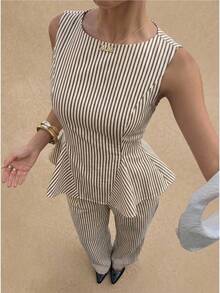 Poéselle Women's Black And White Checkered Ruffle Hem Camisole And Casual Frenchy Elegant Pants 2 Pieces Set City Break Daytime Summer - Coffee Brown - View 1