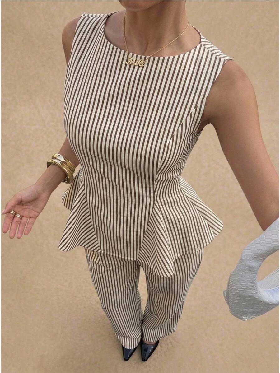 Poéselle Women's Black And White Checkered Ruffle Hem Camisole And Casual Frenchy Elegant Pants 2 Pieces Set City Break Daytime Summer - Coffee Brown - View 1