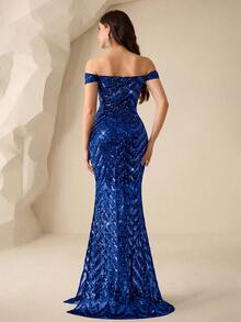 Coutiva Women's Off-Shoulder Sequin Elegant Glamorous Evening Party Dress - Royal Blue - View 2