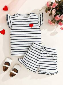 Elladie kids 女童條紋圓領荷葉袖T恤短褲休閒兩件組 - 黑與白 - 查看 3