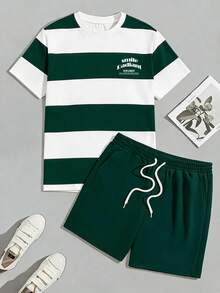 Sorvial Men's Casual Striped Print T-Shirt Set, Simple Daily Wear - Green - View 3