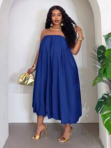Slaydiva Große Größen einfarbiges trägerloses Urlaubs-Lässig Kleid - Blau - Übersicht 10