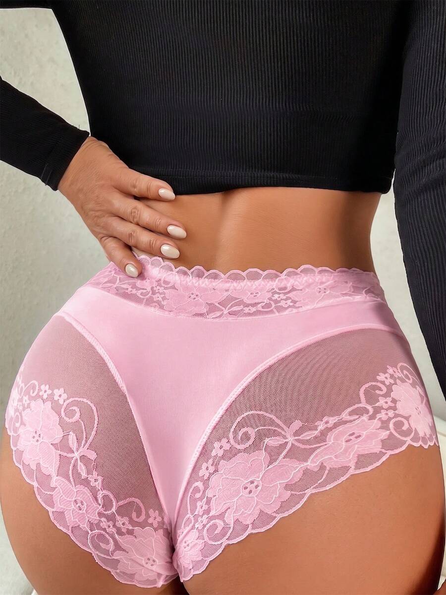 SHEIN 1pc Women's Lace Patchwork Triangle Panty - Pink - View 1