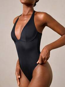 Veilyse Women's Solid Color Deep V-Neck Backless Crisscross One-Piece Shapewear UnderwearOuter - Black - View 7