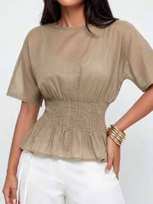 Avantive Top casual versatile da donna a maniche corte, tinta unita, plissettato, per uso quotidiano - Castano - Visualizzare 2