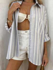 Airaco Women's Striped Colorblock Pocket Single-Breasted Long Sleeve Minimalist Versatile Shirt - Blue - View 4