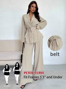 SHEIN PETITE CURVE Plus Size Petite Elegant Casual Teachers' Day/Commuting Women's Collar Tied Loose Shirt High Waisted Soft Pants Autumn Beige Office Formal - Khaki - View 2