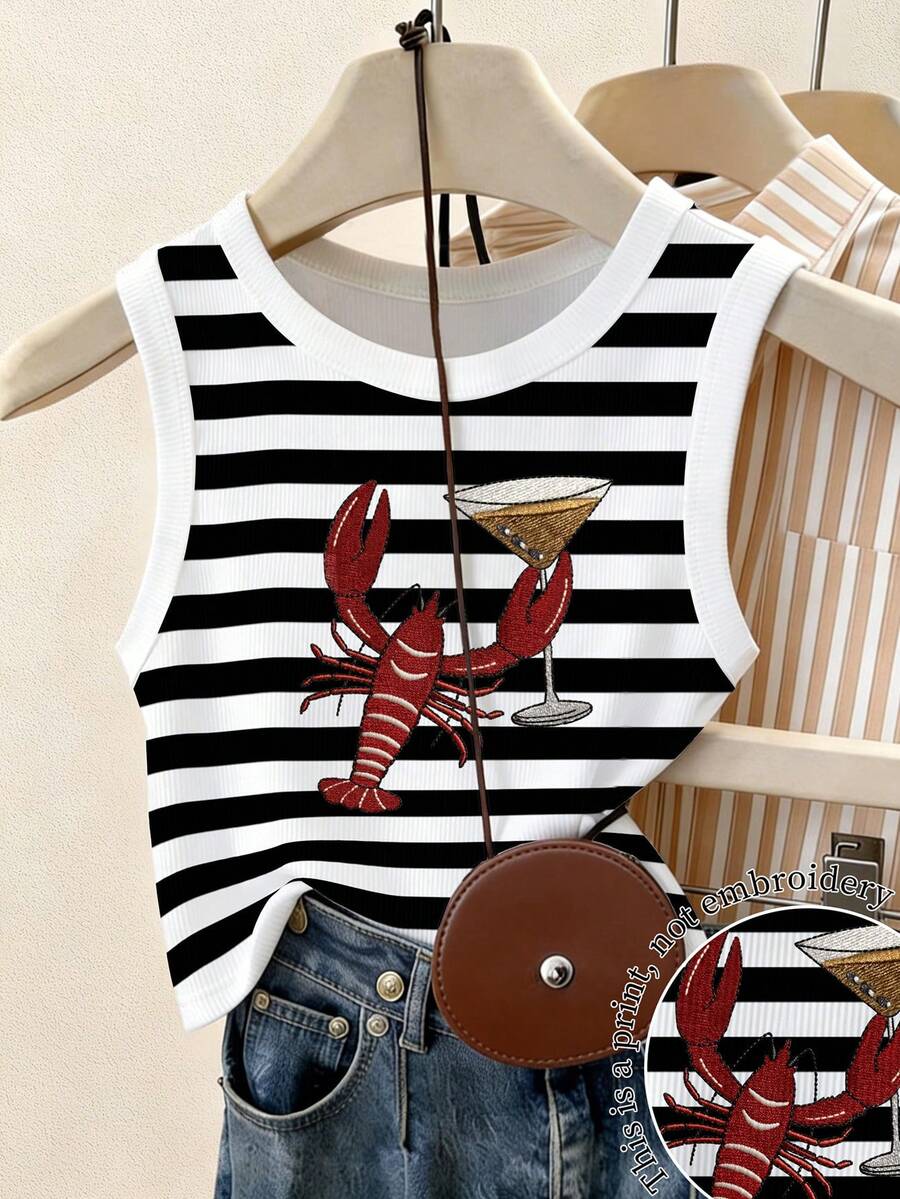 Resyla Plus Size Women's Striped Lobster Print Casual Versatile Daily Wear Top - Multicolor - View 1