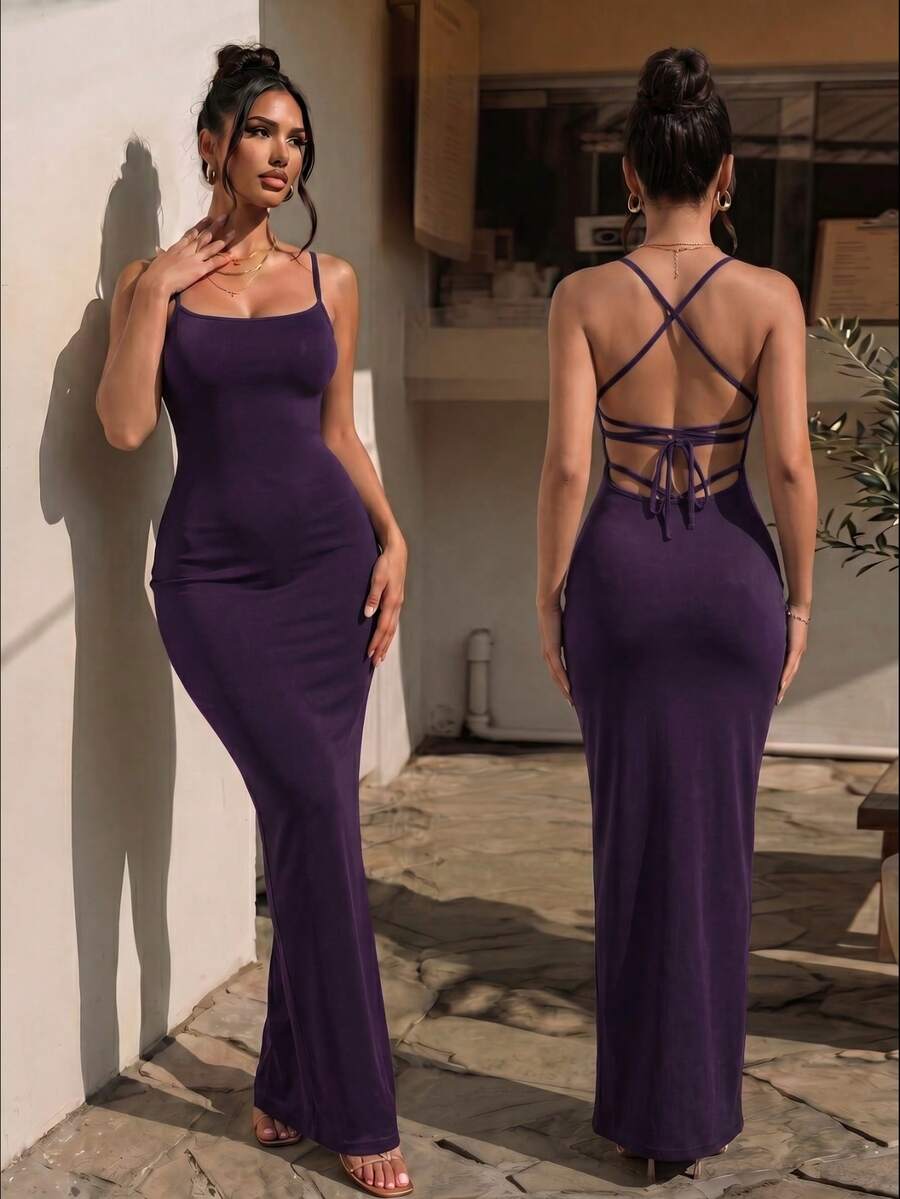 Sirith Women's Solid Color Backless Criss-Cross Design Fitted Slip Dress - Violet Purple - View 1