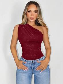 Sirith Solid Color Draped Asymmetric Collar Elegant Sleeveless Bodysuit - Burgundy - View 6