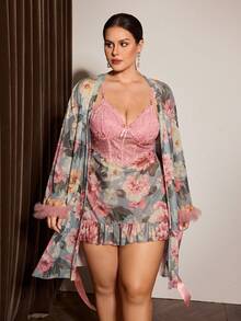 Slumberist Plus Size Fishbone Waist Design Lace Patchwork Camisole Nightgown And Flare Long Sleeve Floral Print Mesh Robe Set - Multicolor - View 4