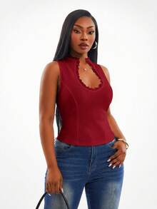 SHEIN SXY Plus Size Women's Lace Trim Cutout Chest Casual Versatile Daily Outing Top - Burgundy - View 6