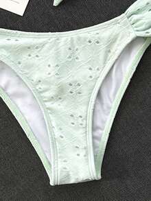 Swim Vcay Spring/Summer Solid Color Shoulder Strap Jacquard Fabric Non-Wired Bow Decor Cute Beach Vacation Swimsuit Set - Green - View 8