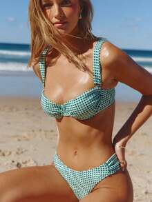 Aralina Set da bagno da donna estivo da resort 2 pezzi con stampa a pois e griglia, slip bikini a vita alta imbottito con arricciature morbide, stile da vacanza al mare e piscina - Verde - Visualizzare 7