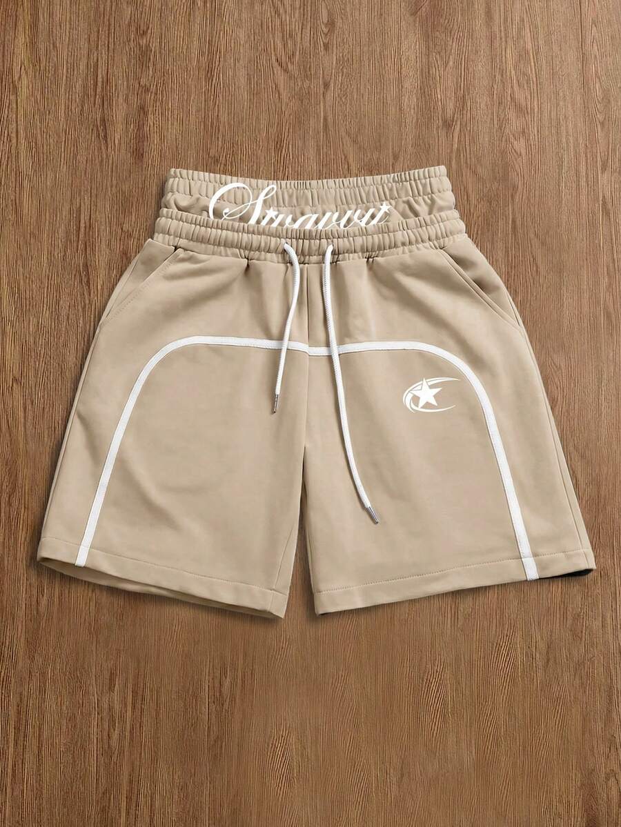 SWAVVY Men's Drawstring Waist Letter & Star Pattern Casual Versatile Daily Travel Shorts - Khaki - View 1