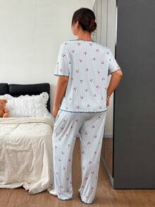 Napfluff CURVE Napfluff CURVE Plus Size Women's Round Neck Ruffle Trim Blue Striped Cherry Print Ribbed Knit Casual Romantic Pajama Set 2pcs - Blue - View 3