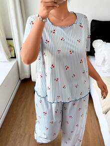 Napfluff CURVE Napfluff CURVE Plus Size Women's Round Neck Ruffle Trim Blue Striped Cherry Print Ribbed Knit Casual Romantic Pajama Set 2pcs - Blue - View 5