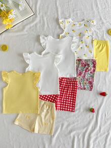 SHEIN Vintaside Kids 8件組 0-3歲女嬰 春夏新款圖案印花休閒日常出遊可愛趣味田園風女童荷葉袖背心T恤與短褲度假海灘百搭島嶼風8件組 - 彩色 - 查看 2