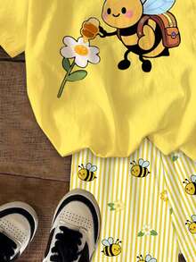 Young Girl Casual Simple Cartoon Pattern Short Sleeve & Shorts 2pcs Set Suitable For Summer - Multicolor - View 6