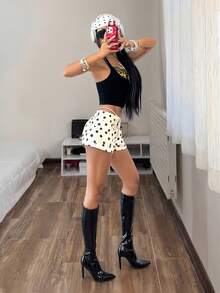 StreetHx Black White Polka Dot Stretch Denim Mini Shorts Vacation Summer Street Wear 90s Inspired Y2k Night - Beige - View 5