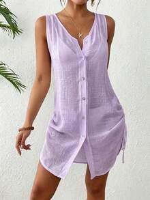 Swim Lushoire Kimono Kasual Wanita untuk Liburan, Warna Polos, Kancing Depan, Tali Serut Samping, Tanpa Lengan - Mauve Purple - View 6