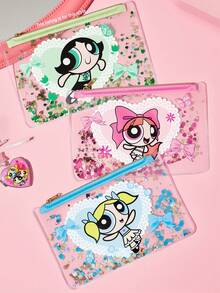 THE POWERPUFF GIRLS X SHEIN 1個卡通角色印花亮片裝飾透明PVC輕量化化妝包，適用於存放化妝品、文具、日常用品、數位產品，適合通勤、上學、旅行，適合所有年齡層，學生友善，花朵、泡泡、毛茛、友誼、蝴蝶結 - 無色 - 查看 2