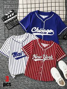 SHEIN 2件買1送1兒童青少年男孩休閒運動棒球領短袖襯衫外套，男孩上衣套裝，Y2K上衣，夏季上衣，男孩套裝，適合春/夏，情人節，約會，夏季穿搭，海灘週末，家庭聚會，返校，婚禮季，運動，生日派對 - 彩色 - 查看 3