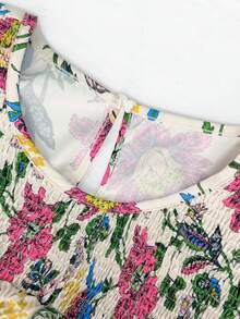 Linhara Plus Size Women's Floral Round Neck Double Layer Sleeve Short Sleeve Casual Boho Shirt Fashion Multi-Functional Pleated Summer Holiday Top Beige - Multicolor - View 6