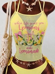 Bellisia Women's Casual Vacation Lemon Print Camisole Yellow Bikini Set Elegant Tank Top Women's Beachwear Women's Beach Bikini Summer 2026 Women's Summer Holiday, Graduation Season, Wedding Season, Back To School Season, Easter Season Party And Lunch Cute Casual Summer Camisole - Sweet, Romantic, Country Style - Yellow - View 6