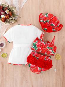 SHEIN Playful Pals Baby Girl Watermelon Trim Short Sleeve Jacket, Bow Decor Camisole, Shorts Cute 3-Piece Set With Hat - Red and White - View 2