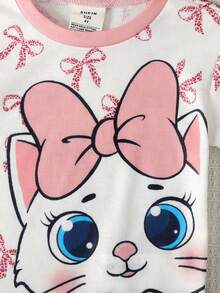 SHEIN 女童休閒簡約修身卡通圖案舒適圓領短袖長褲睡衣套裝，適合春夏，貼身版型，1件裝 - 粉色 - 查看 3