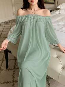 DAZY 蕾絲拼接露肩寬鬆女款睡裙家居服睡衣 - 綠色 - 查看 5