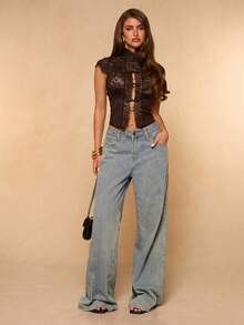 SHEIN BAE Spring/Summer Solid Black Lace Sexy Sheer Oriental Chinese Style Mandarin Collar Women's Top - Coffee Brown - View 3