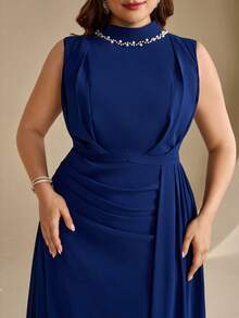 Coutiva High-End Evening Gown Ball Dress With Sequin And Pearl Neckline, Elegant Sophisticated Luxury Style - Navy Blue - View 6