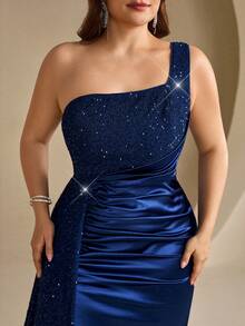 Coutiva Plus Size Women's Patchwork Sequin One Shoulder Sleeveless Pleated Formal Evening Gown - Navy Blue - View 3