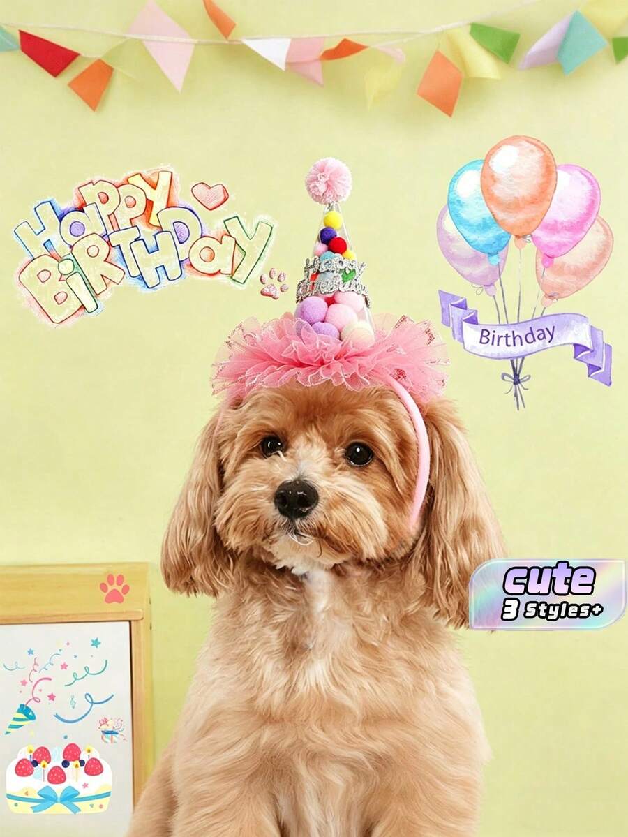 2Pcs Pet Birthday Party Set Includes Cake & Hat Decor, Pink & Blue, Gift For Dogs Puppies Party Decoration - Multicolor - View 1