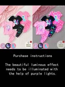 [Random 1 Set]Girls' Unicorn Glow-In-The-Dark Print UV Light Reactive Knit Fabric Comfortable Soft Slim Fit Cute Princess Style Round Neck Short Sleeve Long Pants 2 Pieces Loungewear Pajama Set - Pink - View 4