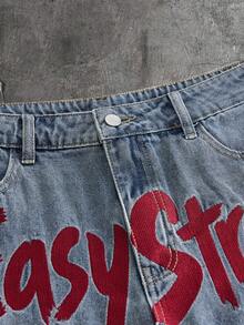 AXEPEAK Celana Pendek Denim Pria dengan Cetakan Huruf, Saku, Kancing, Kasual, Serbaguna, untuk Perjalanan Sehari-hari - Biru - View 3