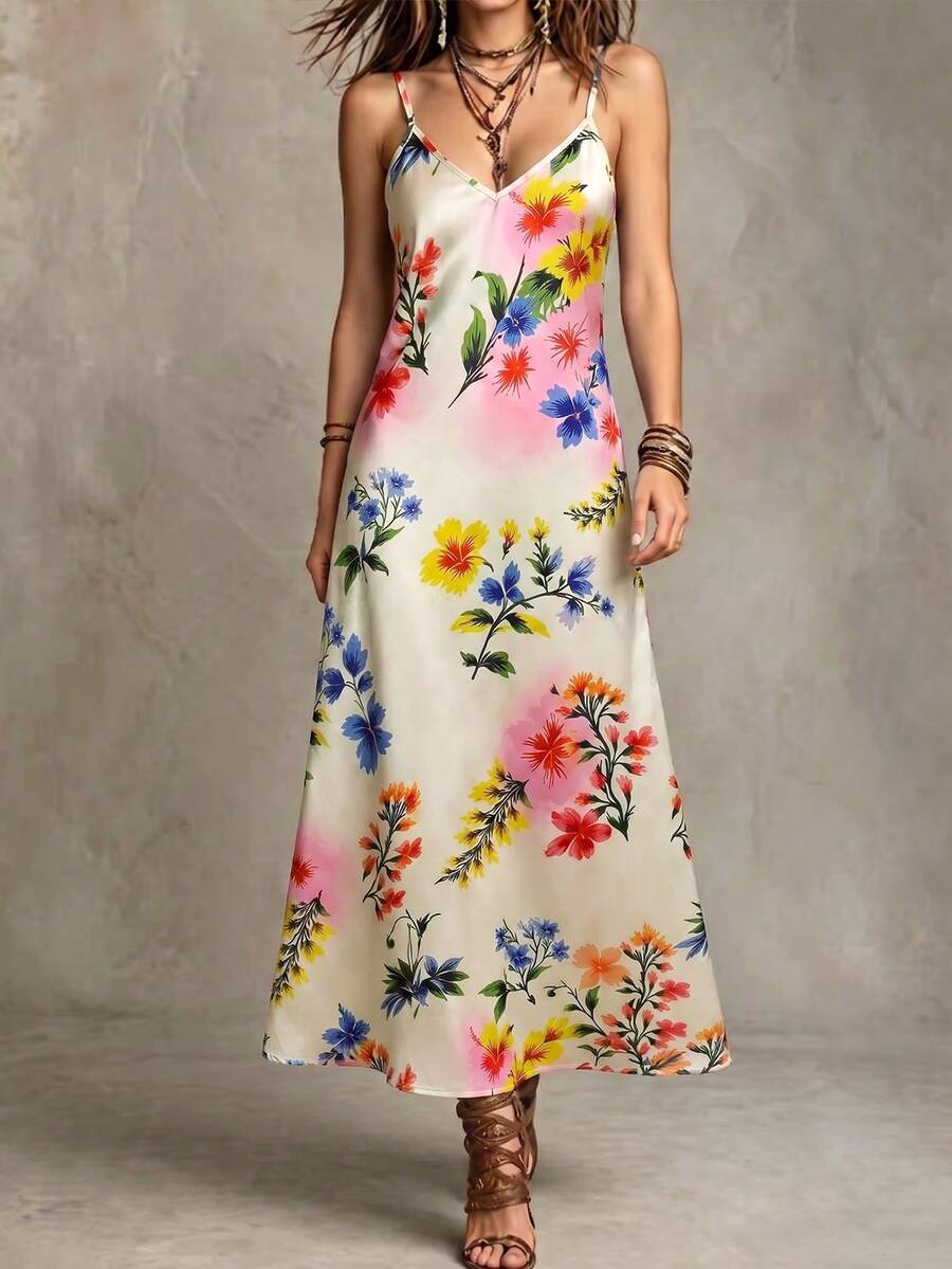 GlowEve Women's New Style Printed Woven Short-Sleeved Mid-Length Dress Elegant Tropical Boho Stylish Summer Beach Vacation Beige - Apricot - View 1