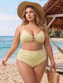 SHEIN CURVE+ 大尺碼女款夏季海灘度假純色金屬裝飾細肩帶比基尼三角褲兩件式泳衣套裝 黃色 - 黃色 - 查看 4