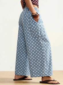 Bohemela Damen Jeans in Großen Größen mit Polka-Dot-Muster, Kordelzug an der Taille, Taschen und weitem Bein - Mittele Waschung - Übersicht 3